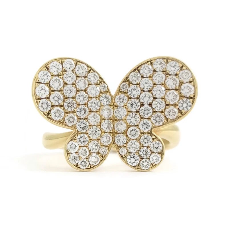 Pave Diamond Butterfly Statement Cocktail Ring 18K Yellow Gold, 1.03 CTW: Title: Pave Diamond Butterfly Statement Cocktail Ring 18K Yellow Gold, 1.03 CTW Description: Pave Diamond Butterfly Statement Cocktail Ring 18K Yellow Gold, 1.03 CTW This is a beautiful ring that