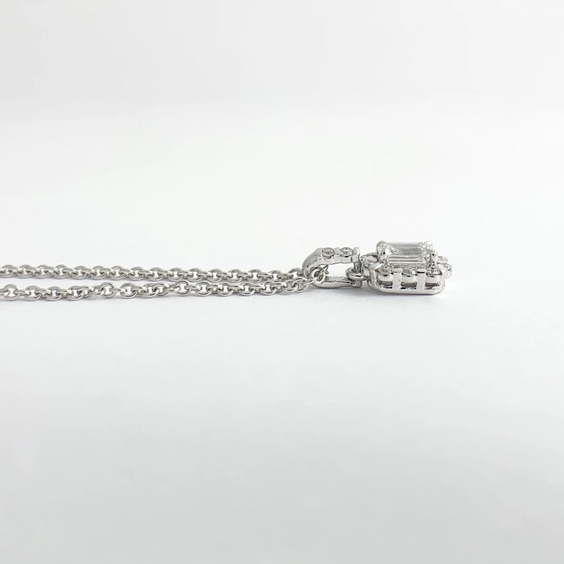 Emerald Cut Diamond Halo Pendant Necklace 14K White Gold, .72 CTW - 7
