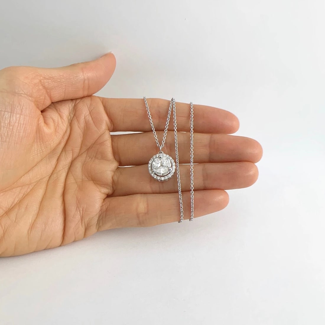 Marquise Diamond Cluster Round Halo Pendant Necklace 14K White Gold 1.53 CTW - 2