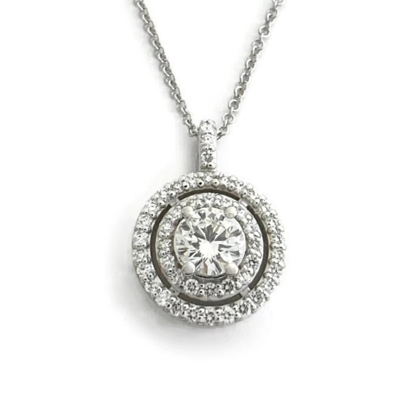 GIA Round Diamond Double Halo Pendant Necklace 14K White Gold .97 CTW (1 of 10)