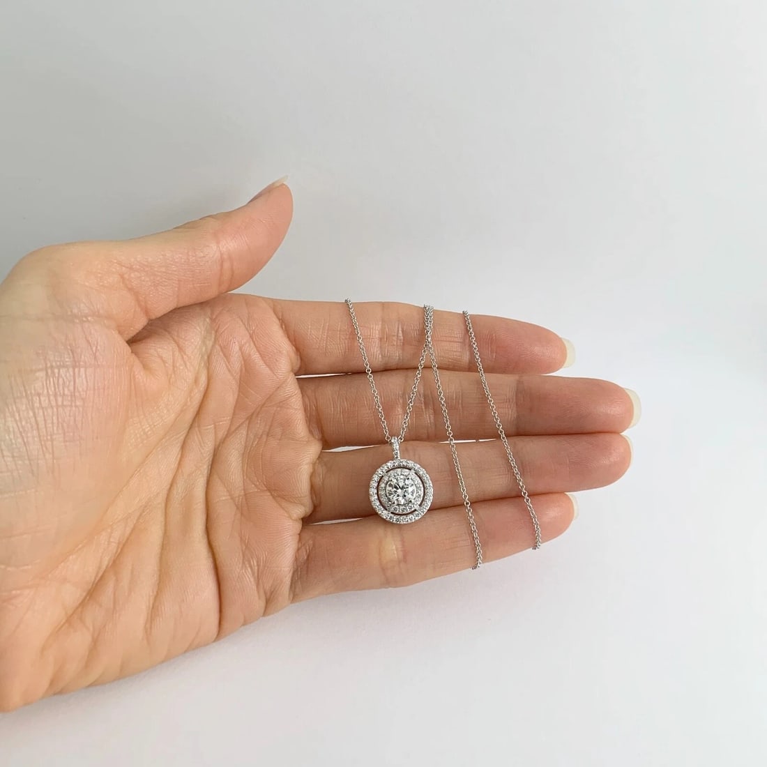 GIA Round Diamond Double Halo Pendant Necklace 14K White Gold .97 CTW - 2