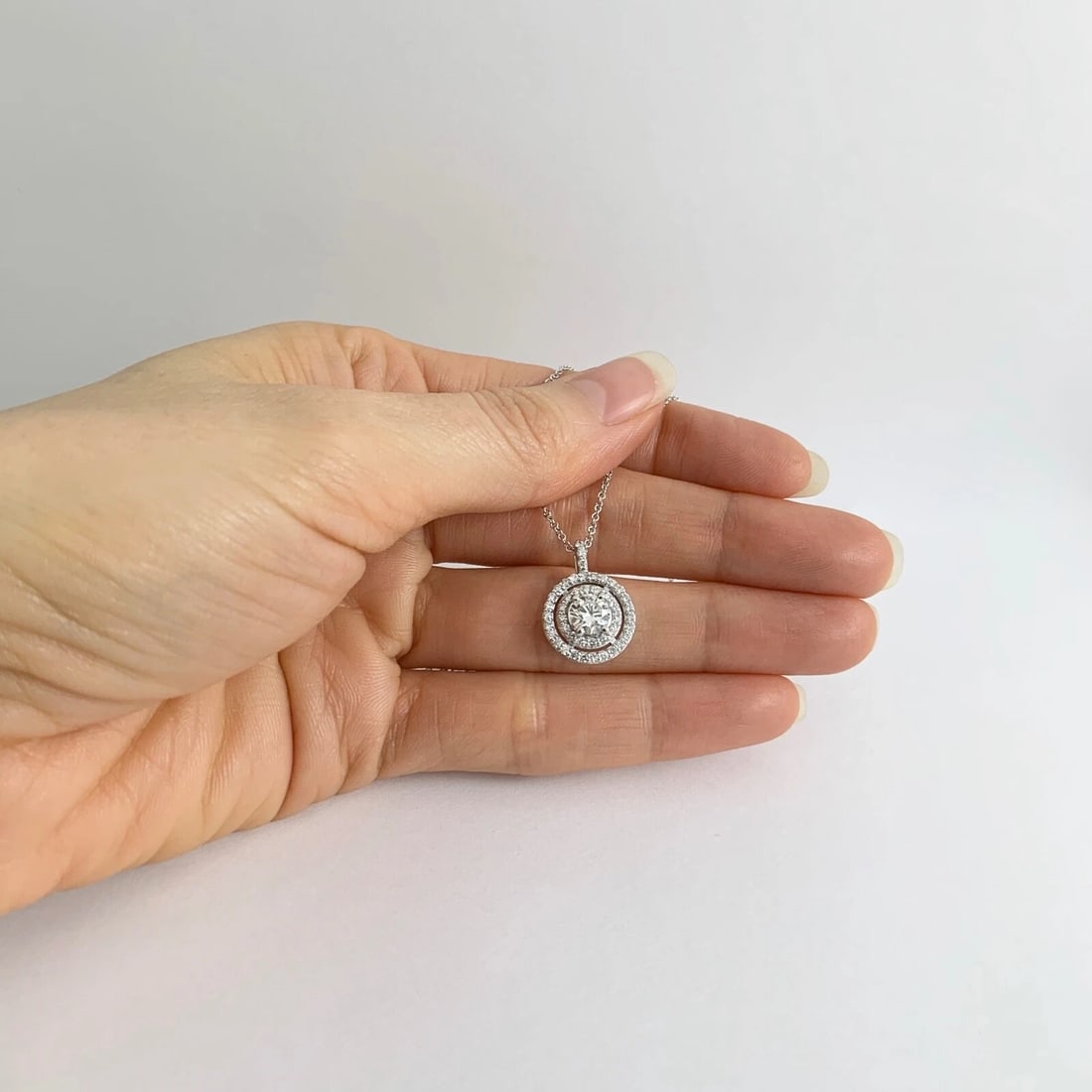 GIA Round Diamond Double Halo Pendant Necklace 14K White Gold .97 CTW - 3