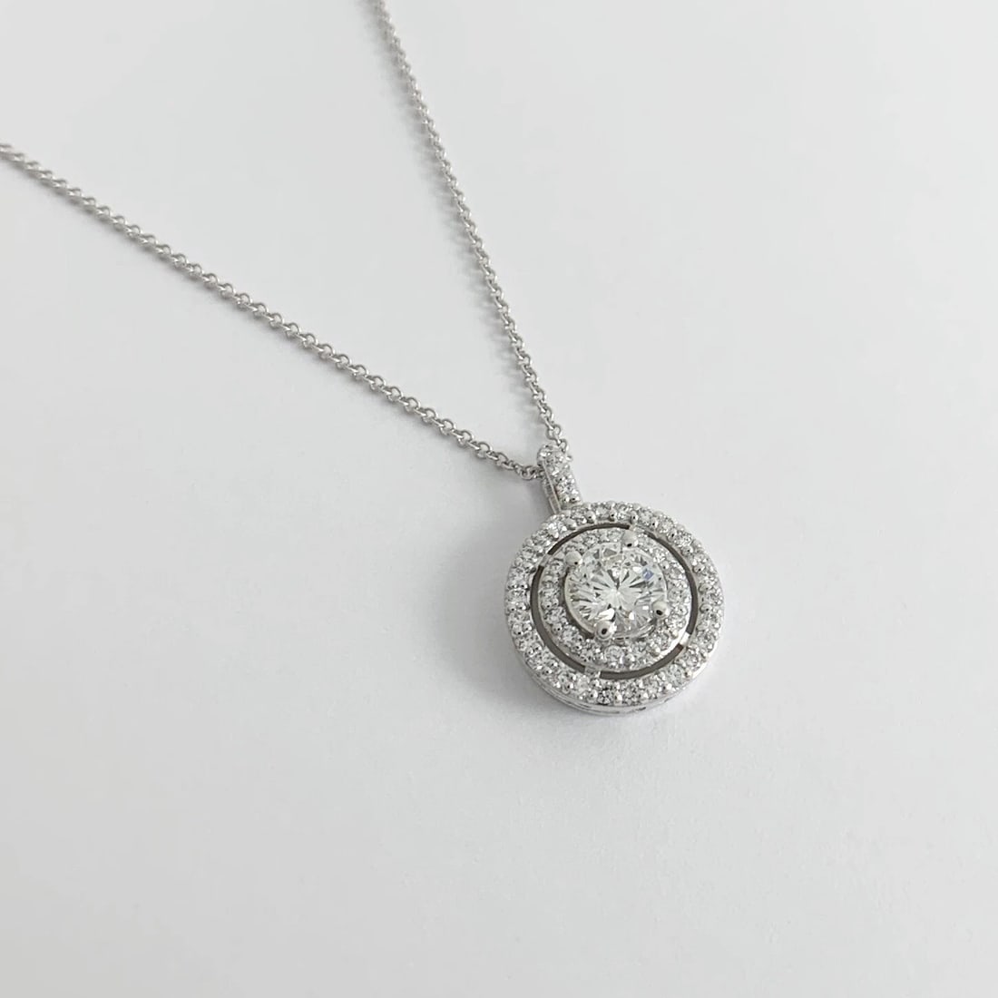 GIA Round Diamond Double Halo Pendant Necklace 14K White Gold .97 CTW - 6