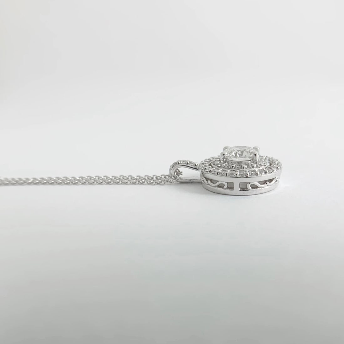 GIA Round Diamond Double Halo Pendant Necklace 14K White Gold .97 CTW - 7