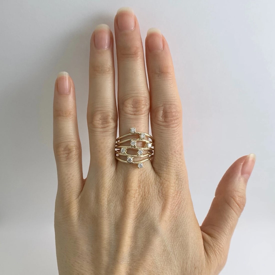 Wide Speckled Diamond Multi-Band Statement Ring 14K Yellow Gold, 5.71 Grams - 2