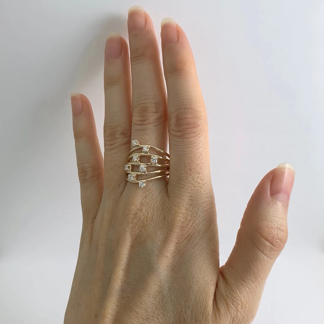 Wide Speckled Diamond Multi-Band Statement Ring 14K Yellow Gold, 5.71 Grams - 3