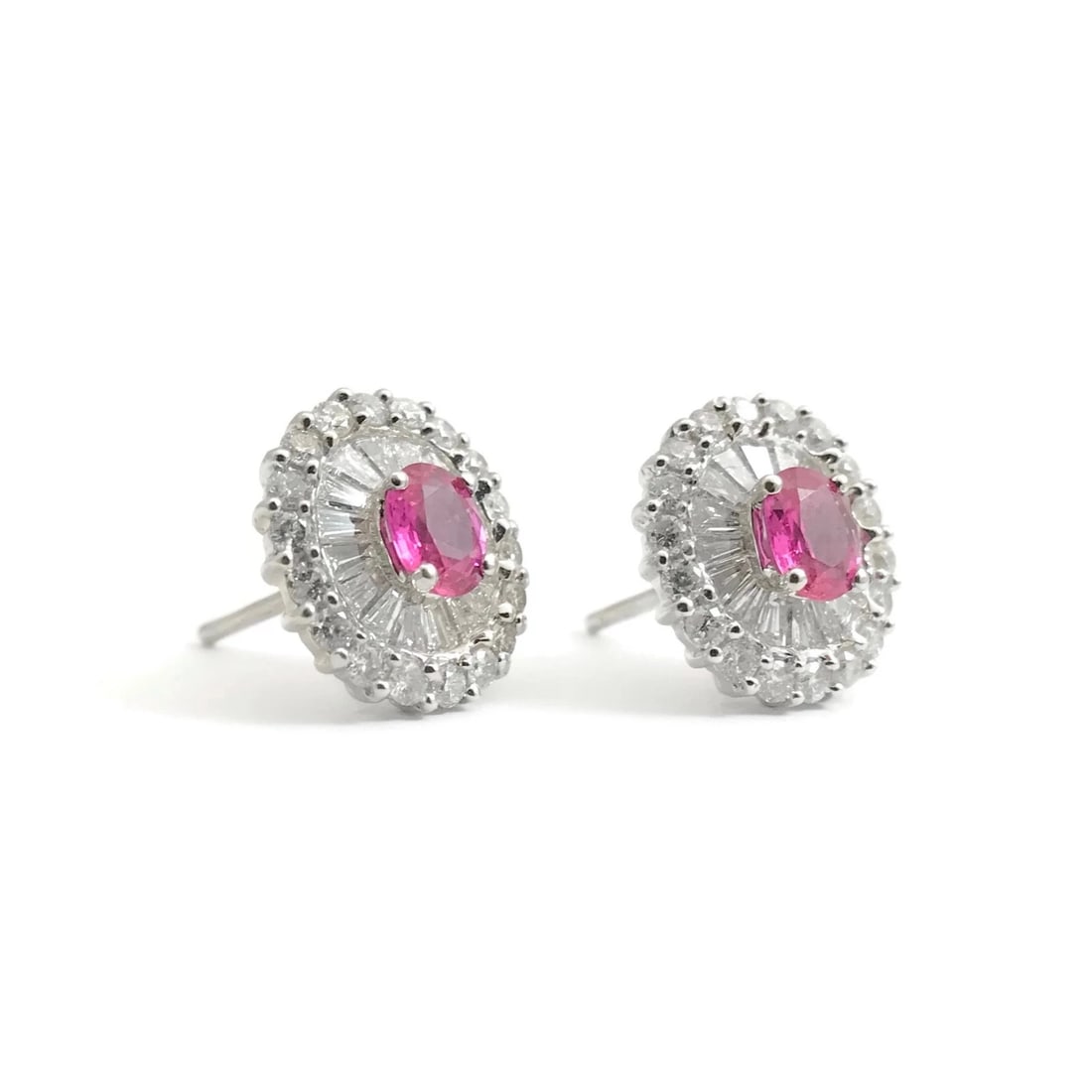 Pink Sapphire Diamond Halo Stud Earrings in 18K White Gold, 2.65 CTW, 4.01 Grams: Title: Pink Sapphire Diamond Halo Stud Earrings in 18K White Gold, 2.65 CTW, 4.01 Grams Description: Pink Sapphire Diamond Halo Stud Earrings in 18K White Gold, 2.65 CTW, 4.01 Grams These are beautifu
