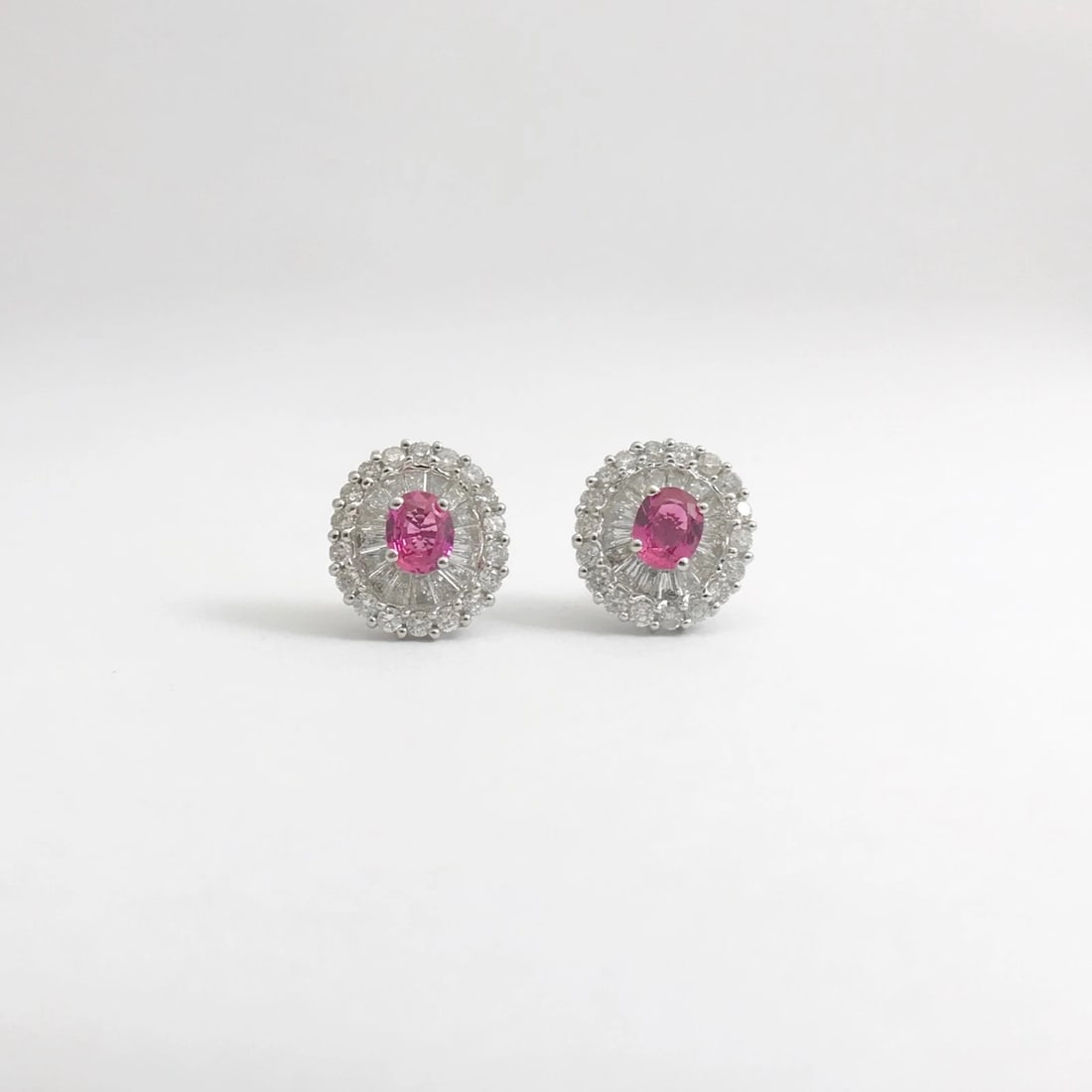 Pink Sapphire Diamond Halo Stud Earrings in 18K White Gold, 2.65 CTW, 4.01 Grams - 7