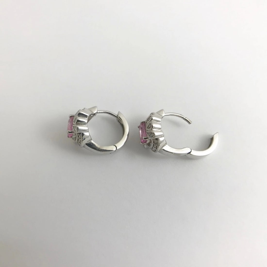 Oval Pink Sapphire Diamond Halo Gemstone Huggie Earrings 14K White Gold 1.26 CTW - 10