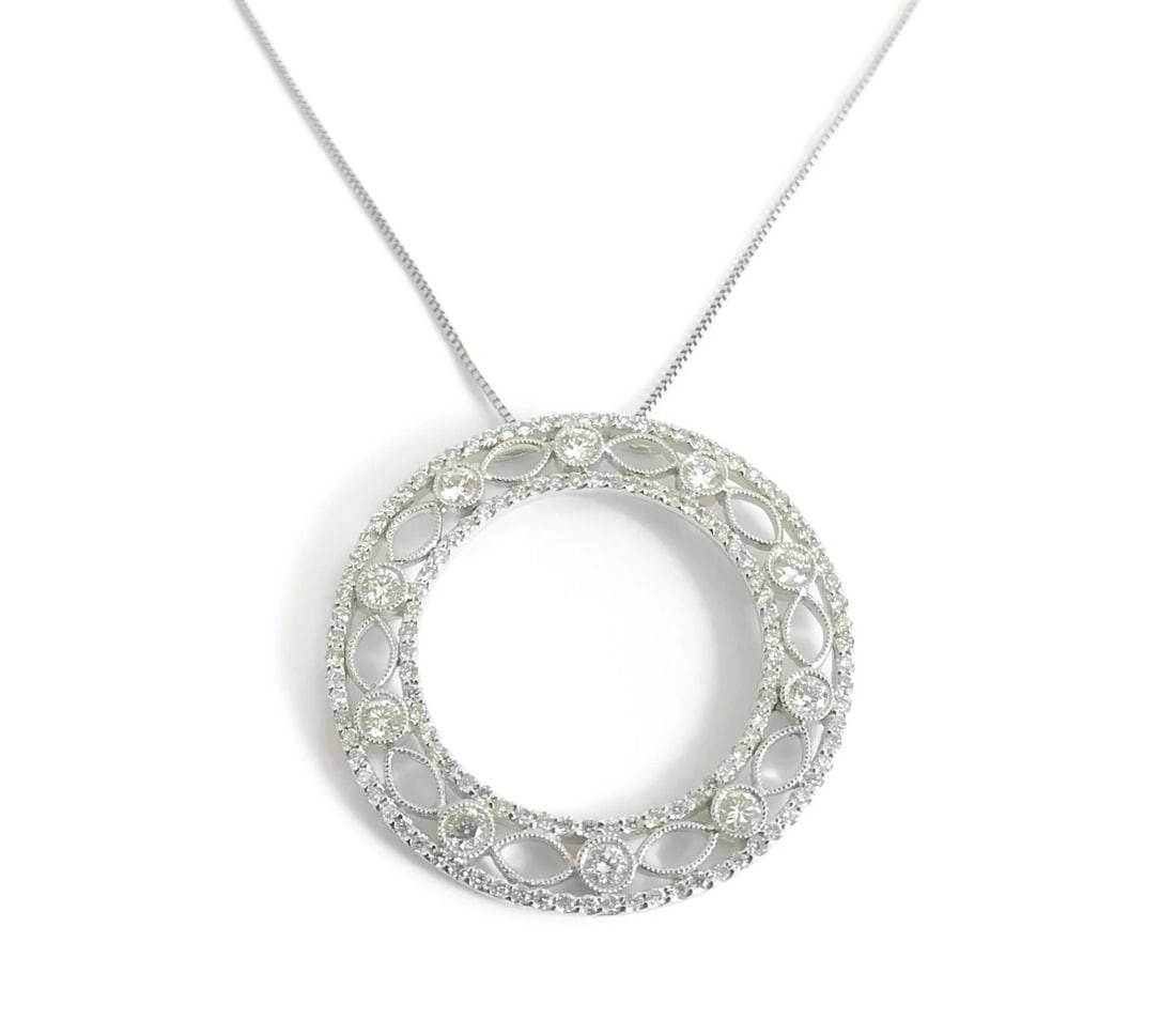 Italian Diamond Open Circle Filigree Pendant Necklace 18K White Gold, 1.14 CTW: Title: Italian Diamond Open Circle Filigree Pendant Necklace 18K White Gold, 1.14 CTW Description: Italian Diamond Open Circle Filigree Pendant Necklace 18K White Gold, 1.14 CTW Make a statement with