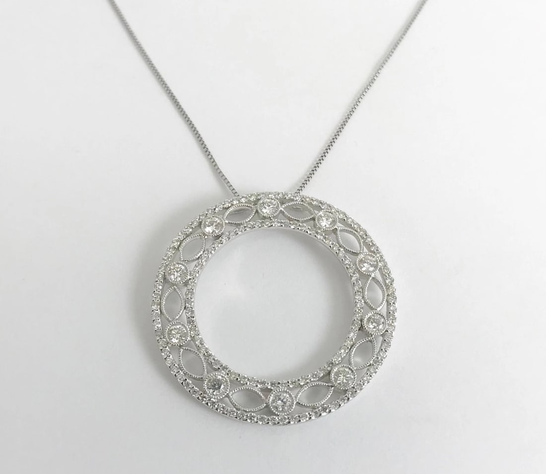 Italian Diamond Open Circle Filigree Pendant Necklace 18K White Gold, 1.14 CTW - 7
