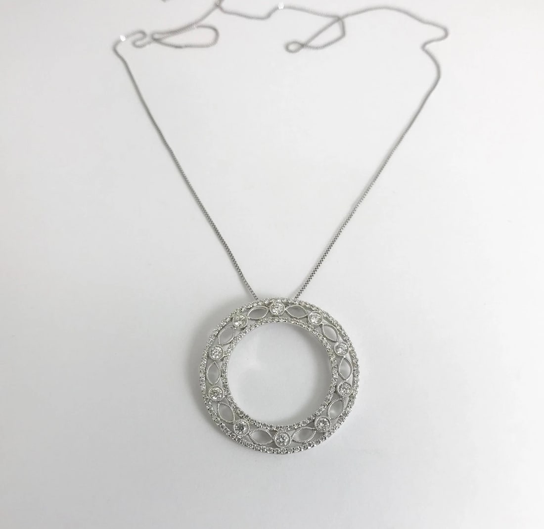 Italian Diamond Open Circle Filigree Pendant Necklace 18K White Gold, 1.14 CTW - 8