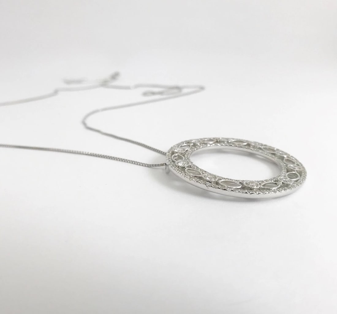 Italian Diamond Open Circle Filigree Pendant Necklace 18K White Gold, 1.14 CTW - 9