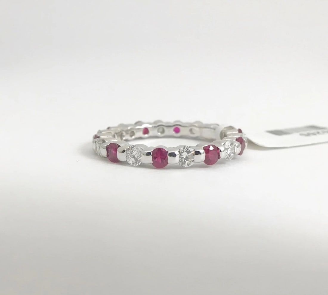 Ruby Diamond Bead Set Eternity Band Ring 14K White Gold, 1.10 CTW, Size 5 - 10