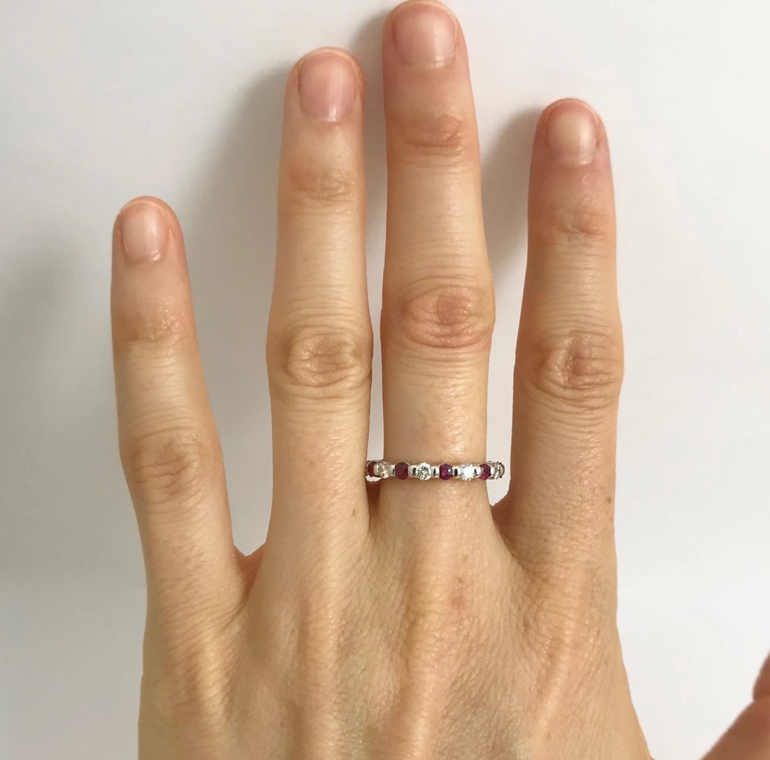 Ruby Diamond Bead Set Eternity Band Ring 14K White Gold, 1.10 CTW, Size 5 - 2