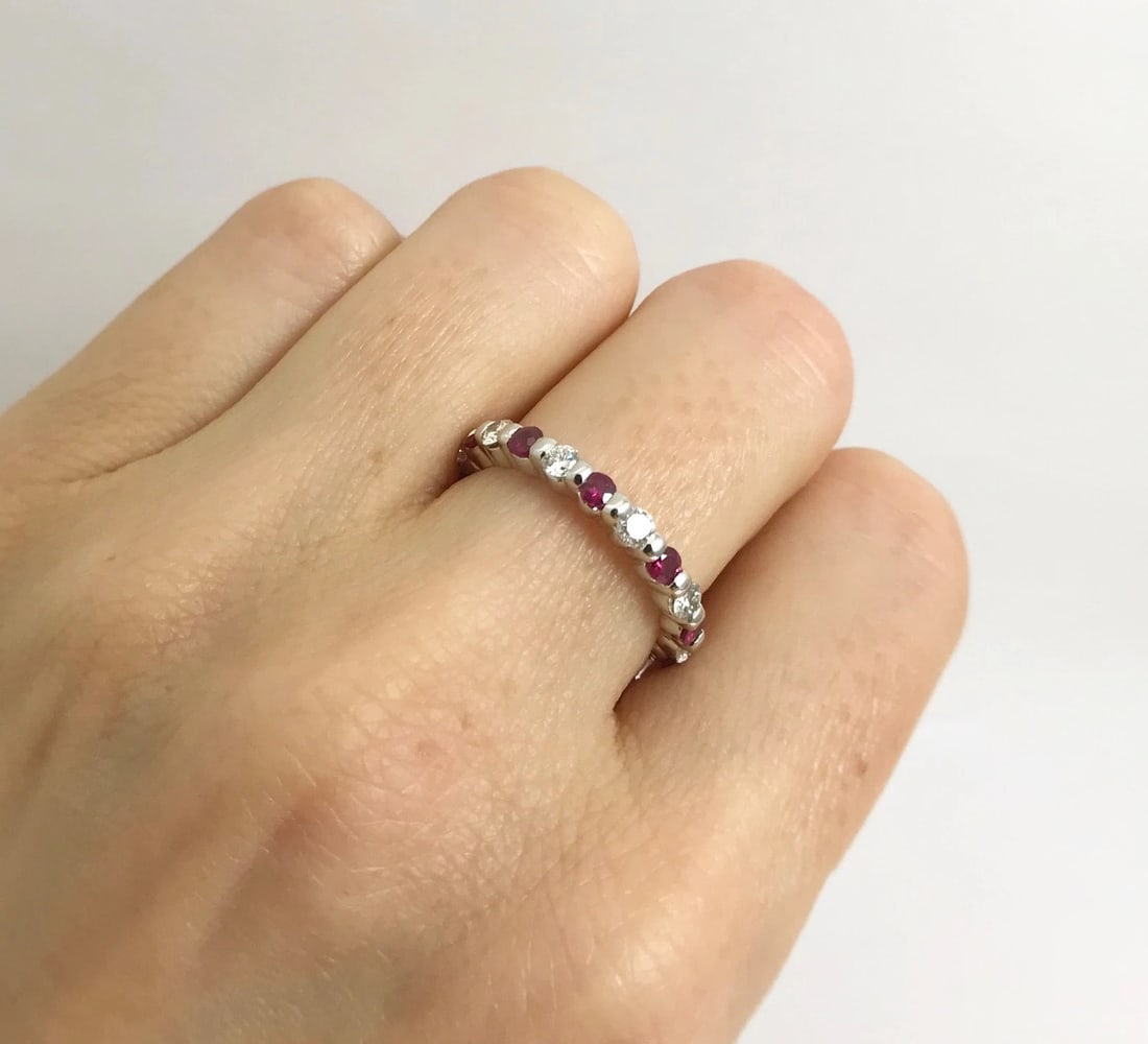 Ruby Diamond Bead Set Eternity Band Ring 14K White Gold, 1.10 CTW, Size 5 - 3