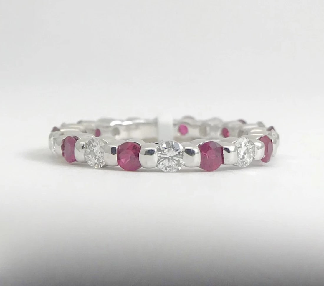 Ruby Diamond Bead Set Eternity Band Ring 14K White Gold, 1.10 CTW, Size 5 - 7