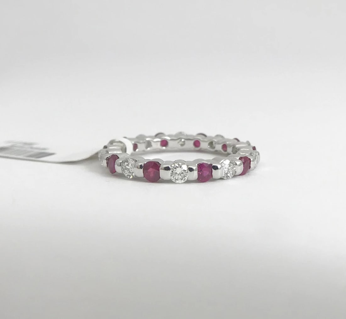 Ruby Diamond Bead Set Eternity Band Ring 14K White Gold, 1.10 CTW, Size 5 - 8