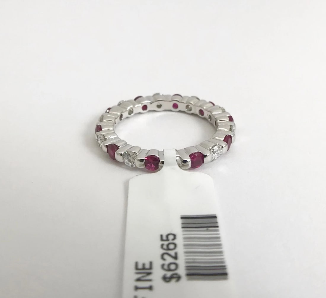 Ruby Diamond Bead Set Eternity Band Ring 14K White Gold, 1.10 CTW, Size 5 - 9