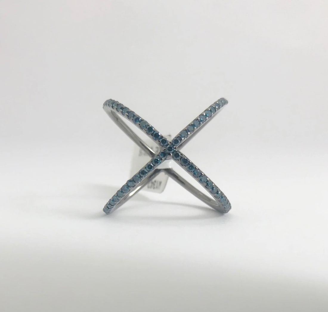 Blue Diamond X Crisscross Statement Ring in Black 14K White Gold, 3.23 Grams - 11