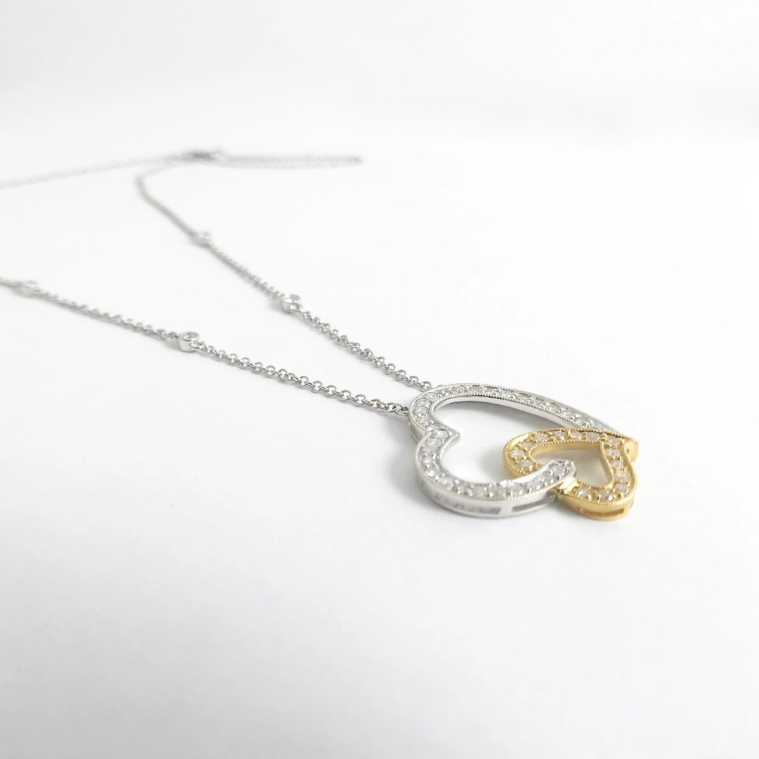 Diamond Double Open Heart Two-Tone Pendant Necklace 18K White Yellow Gold .55 TW - 7