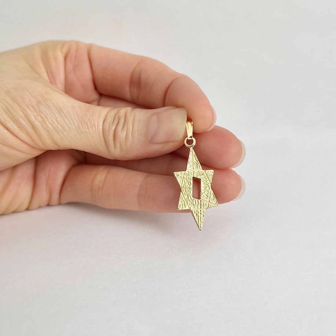 Star of David Textured Necklace Pendant Charm 14K Yellow Gold, 2.16 Grams - 3