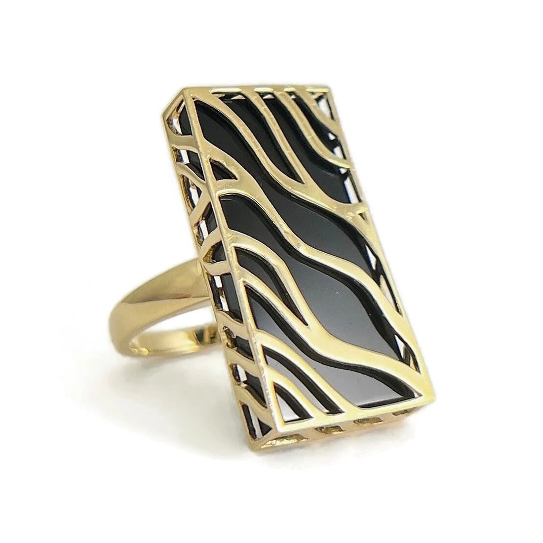 Black Onyx Zebra-Striped Long Rectangle Ring 14K Yellow Gold, 9.12 Grams (1 of 8)