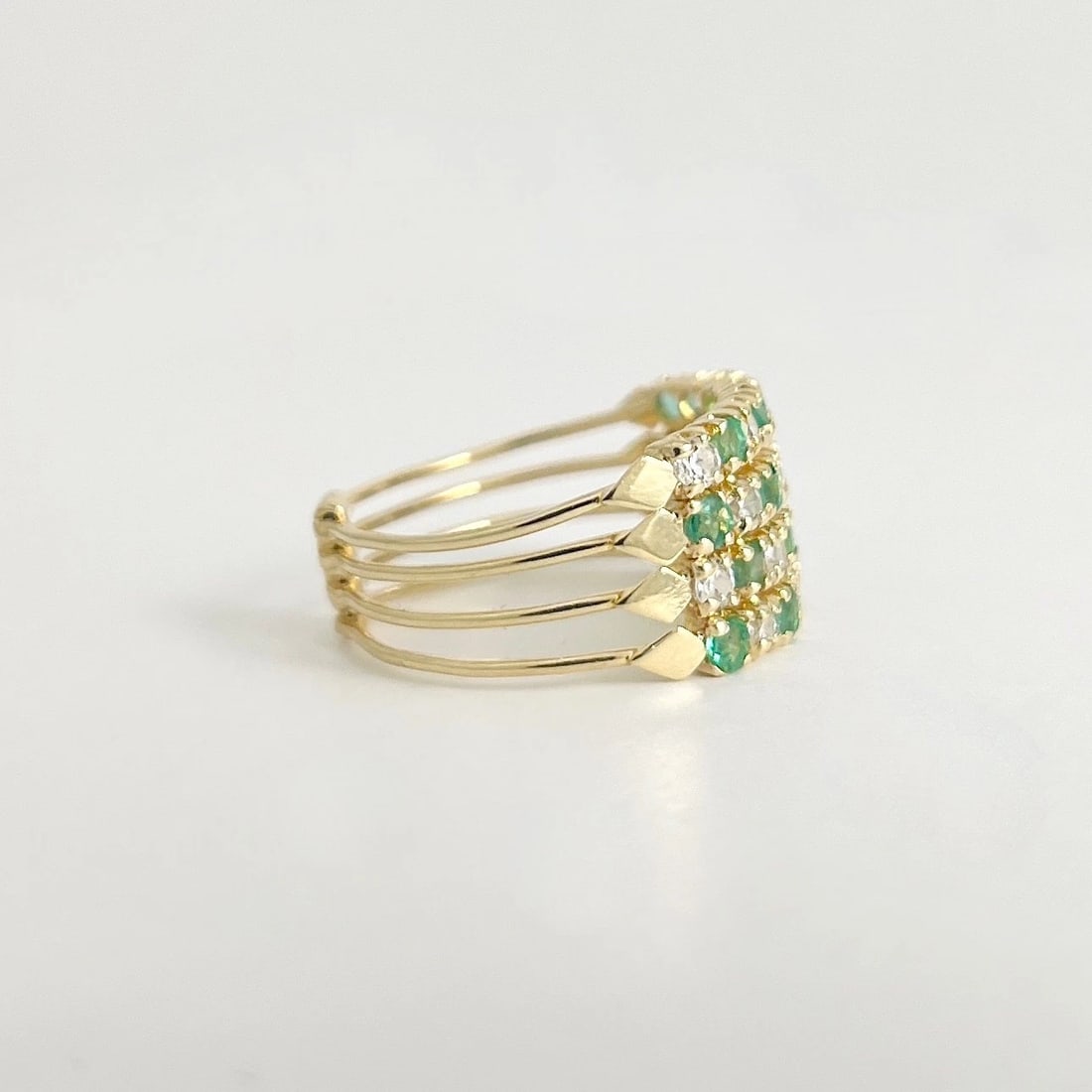 Estate Green Emerald Gemstone CZ Stacked Ring Set 14K Yellow Gold, 3.58 Grams - 7