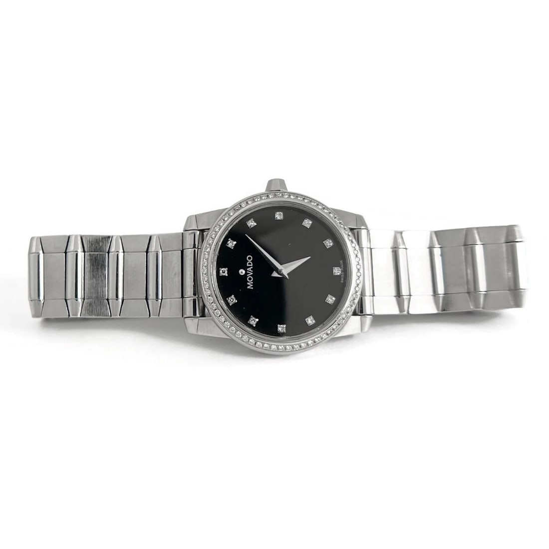 Movado Vizio Diamond Bezel Black Dial Stainless Steel Watch, 25 mm: Title: Movado Vizio Diamond Bezel Black Dial Stainless Steel Watch, 25 mm Description: Movado Vizio Diamond Bezel Black Dial Stainless Steel Watch, 25 mm This luxury wristwatch will add style to any a