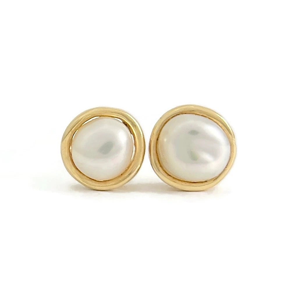 Baroque Pearl Bezel Stud Earrings 14K Yellow Gold, 2.30 Grams (1 of 5)