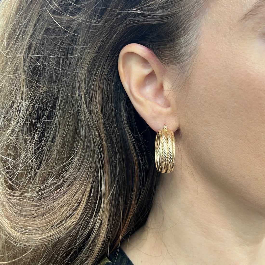 Wide Textured Twisted Rope Hoop Earrings 14K Yellow Gold, 1.2 Inches, 8.26 Grams - 3