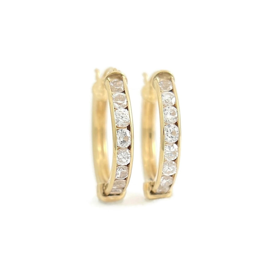 CZ Cubic Zirconia Hoop Earrings 14K Yellow Gold, 1 Inch, 4.74 Gr (1 of 8)
