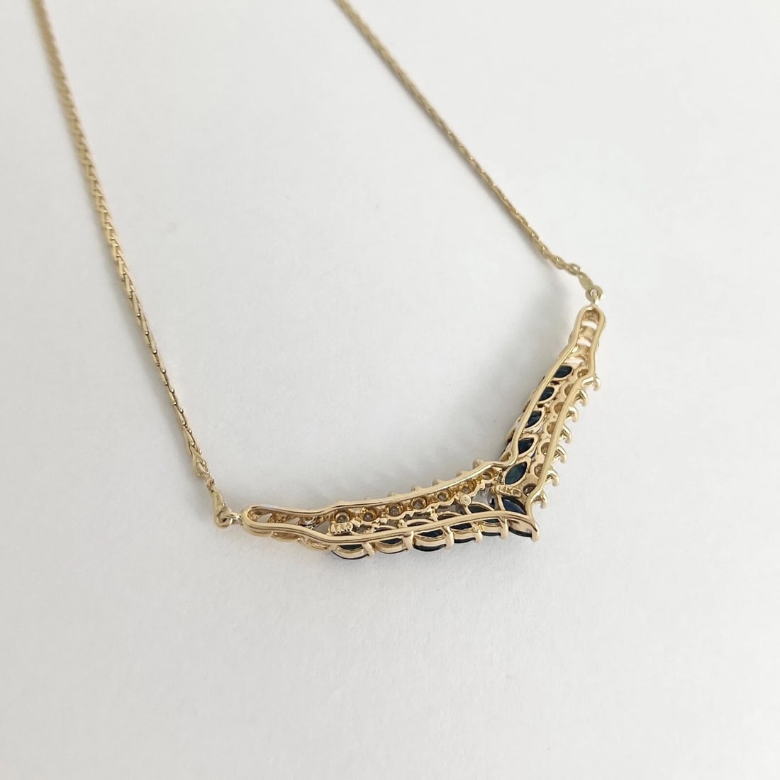 Estate Sapphire Diamond Chevron Pendant Necklace 14K Yellow Gold , 8.06 Gr - 5
