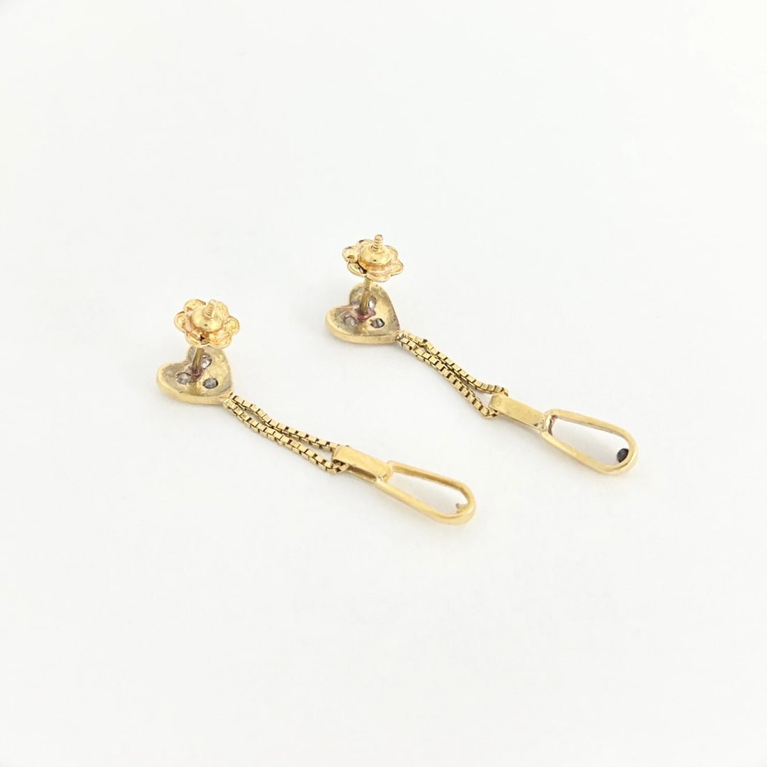 Estate Diamond Heart Box Chain Dangle Drop Earrings 18K Yellow Gold, 2.56 Grams - 6