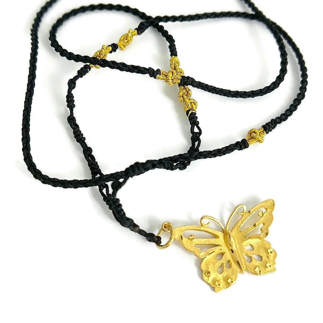 Butterfly Pendant Long Black Cord Necklace 24K Yellow Gold, 28 Inches, 8.26 Gram (1 of 6)