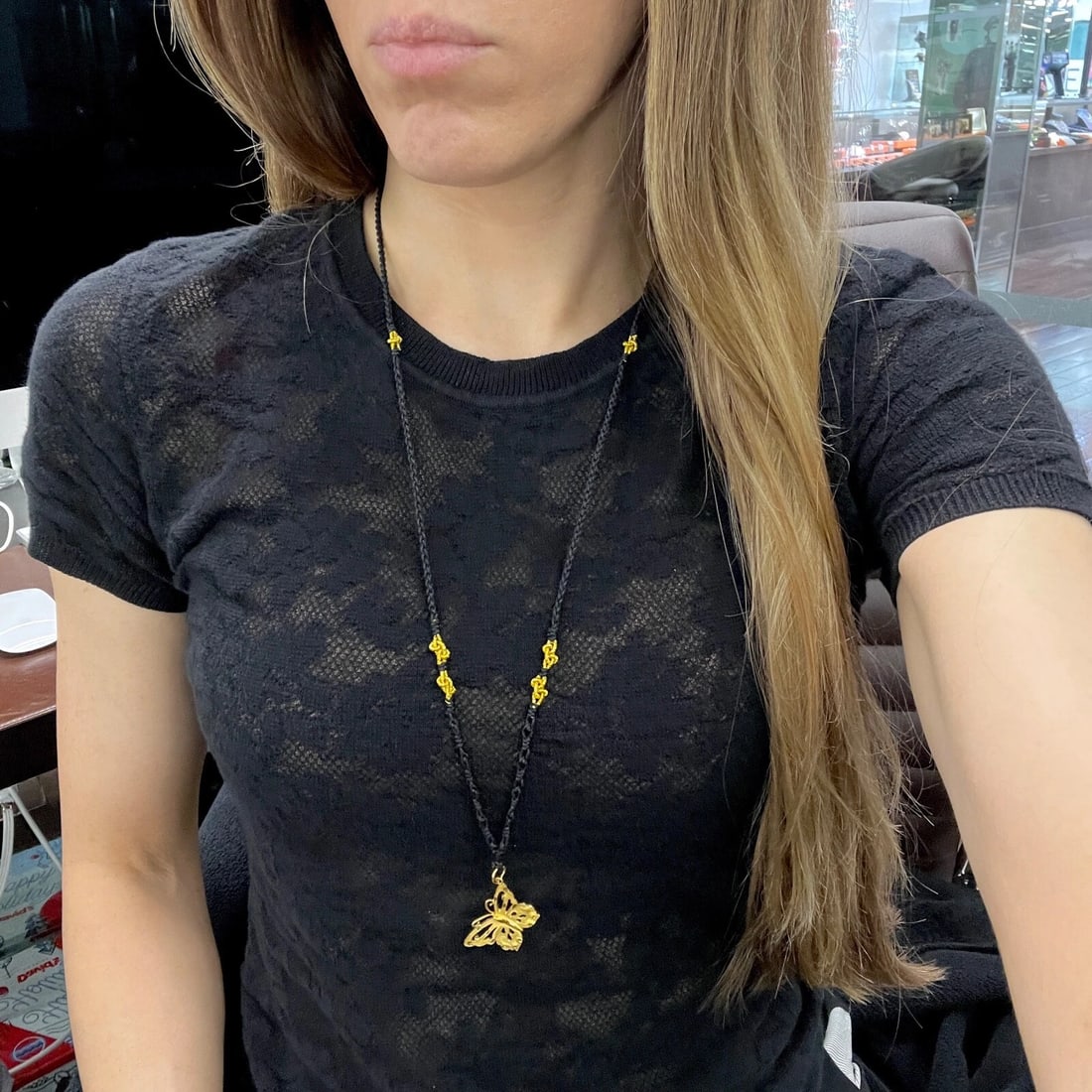 Butterfly Pendant Long Black Cord Necklace 24K Yellow Gold, 28 Inches, 8.26 Gram - 4