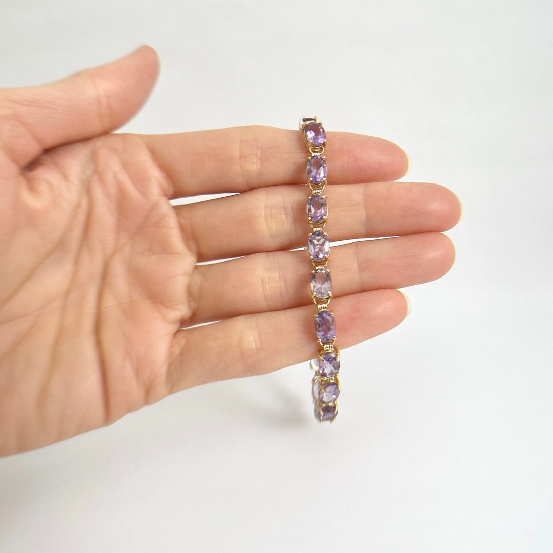 Oval Amethyst Purple Gemstone Tennis Bracelet 14K Yellow Gold 15.20 CTW, 9.66 Gr - 2
