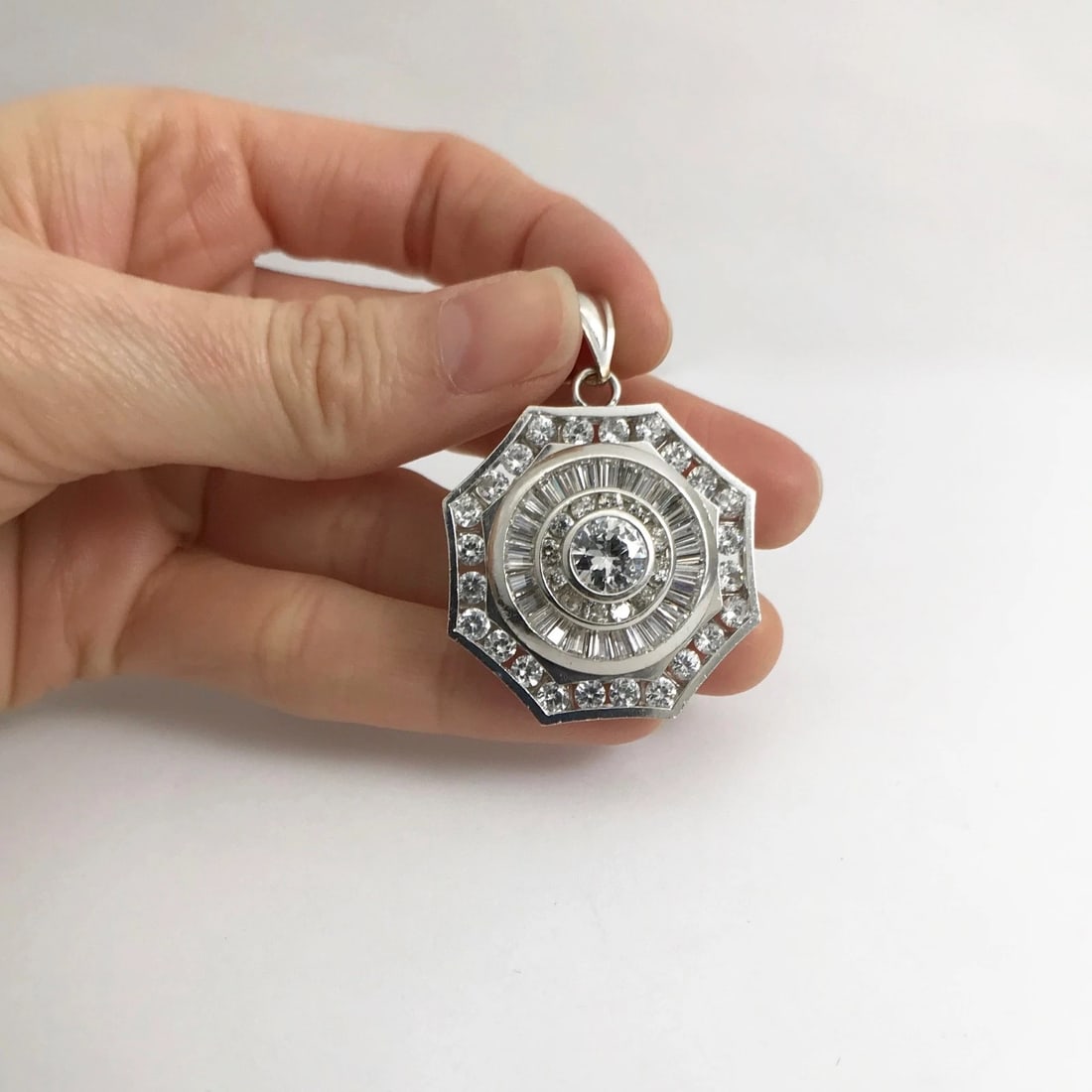 CZ Cubic Zirconia Octagon Cluster Necklace Pendant 14K White Gold 14.24 Grams - 2
