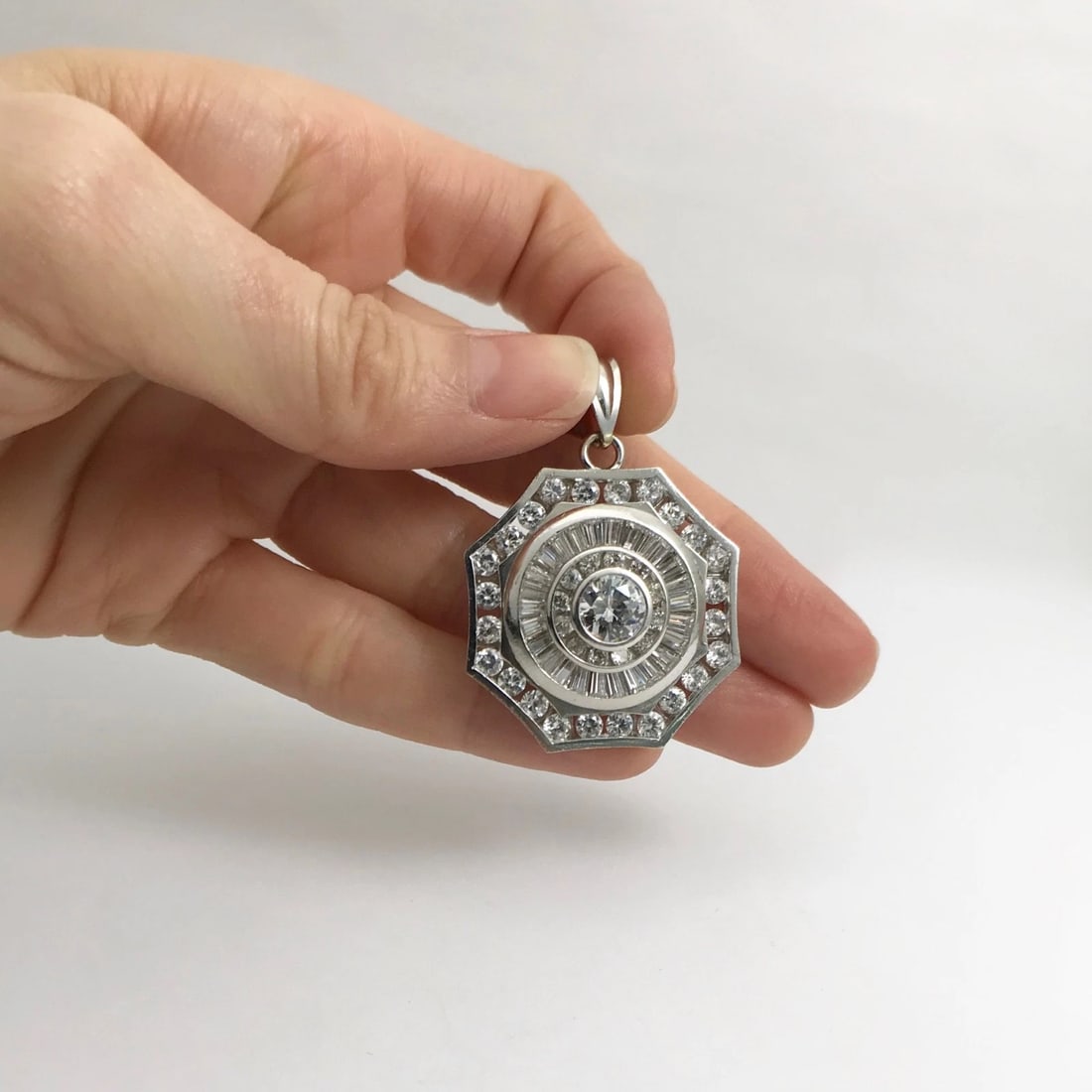 CZ Cubic Zirconia Octagon Cluster Necklace Pendant 14K White Gold 14.24 Grams - 3