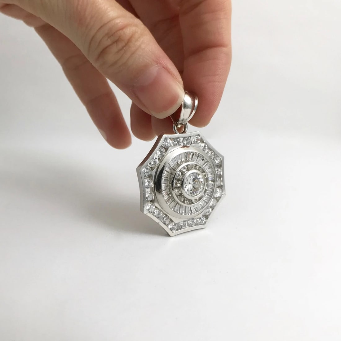 CZ Cubic Zirconia Octagon Cluster Necklace Pendant 14K White Gold 14.24 Grams - 4