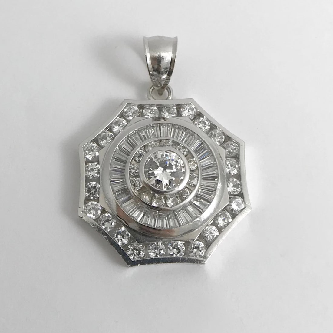 CZ Cubic Zirconia Octagon Cluster Necklace Pendant 14K White Gold 14.24 Grams - 7