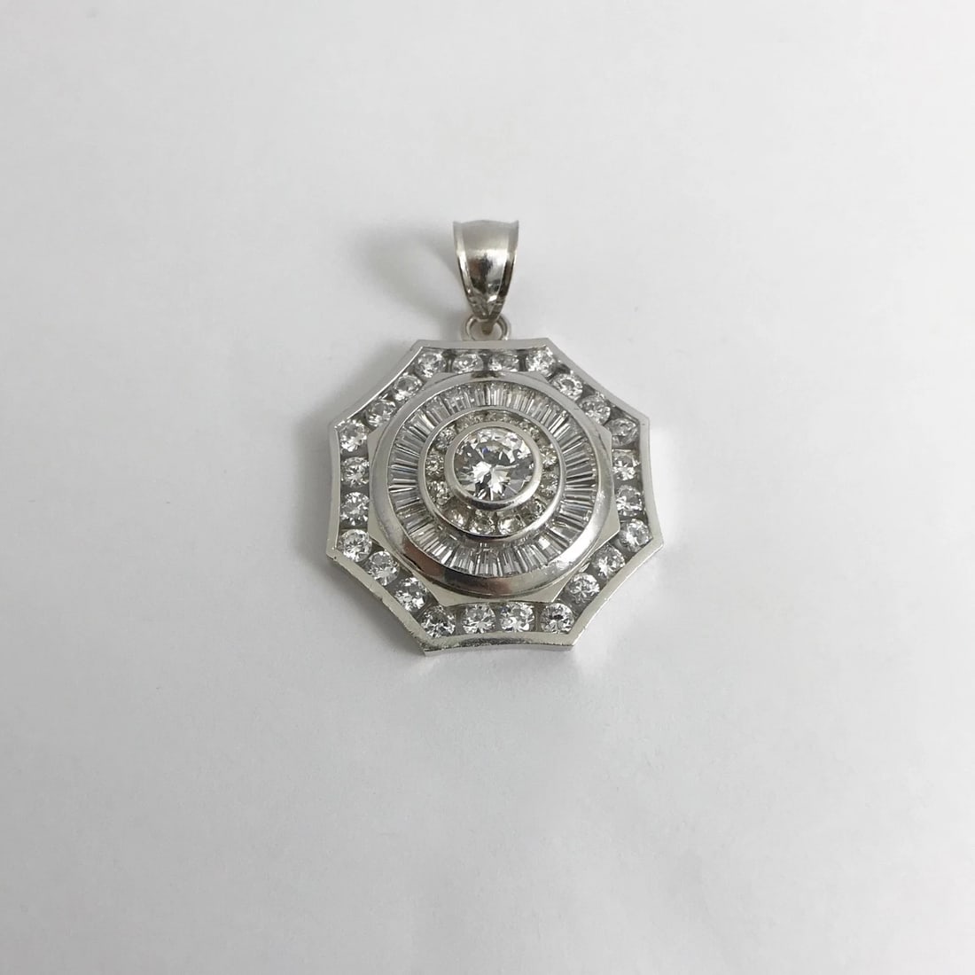CZ Cubic Zirconia Octagon Cluster Necklace Pendant 14K White Gold 14.24 Grams - 8
