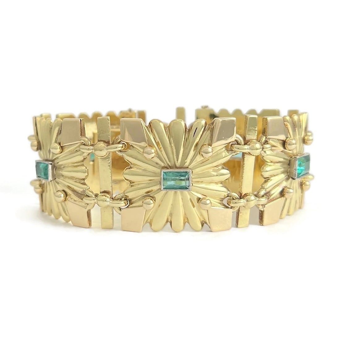 Antique Art Deco Green Emerald Square Link Bracelet 18K Yellow Gold, 92.51 Grams (1 of 8)
