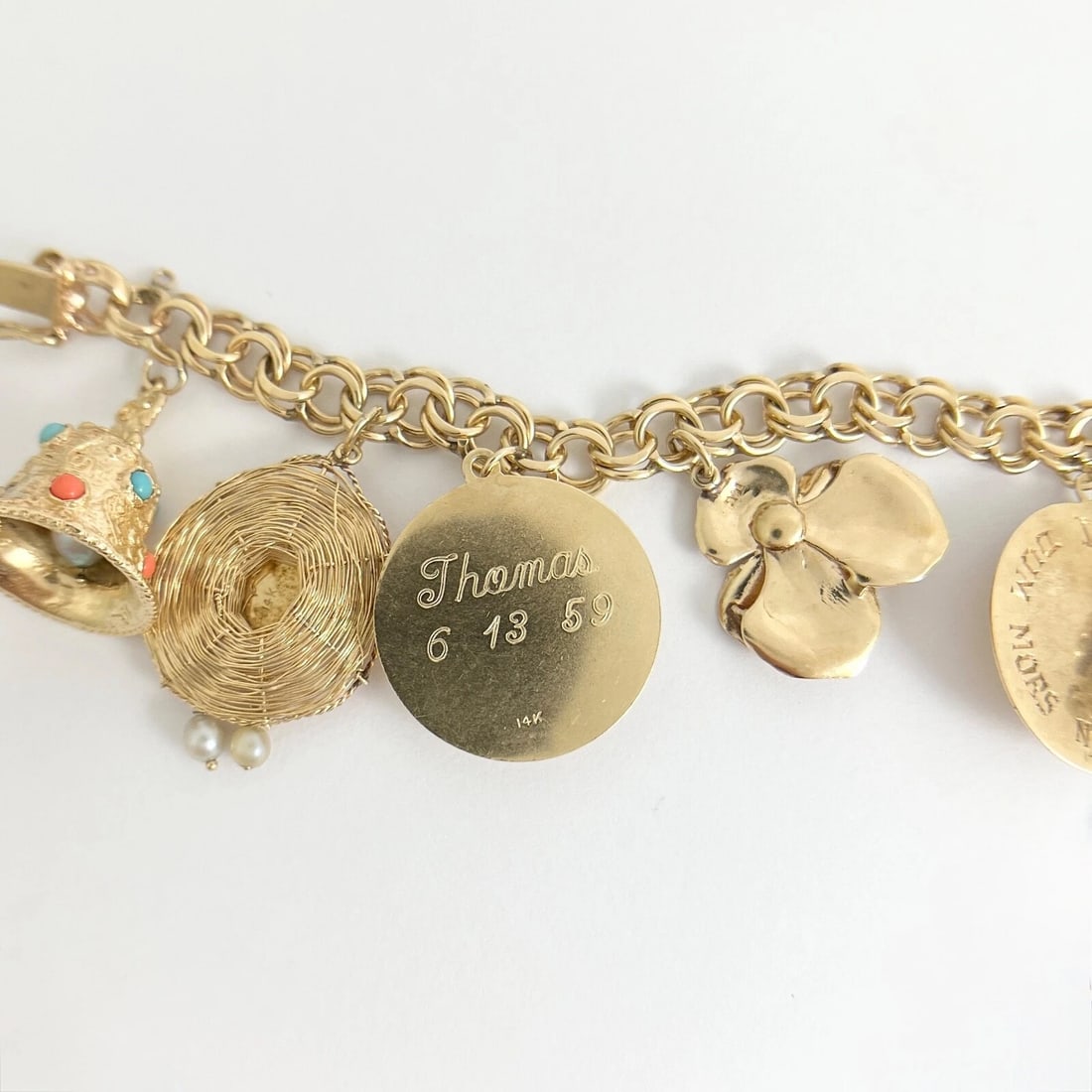 Vintage 1950's Pearl Shoes Hat Police Charm Bracelet 14K Yellow Gold, 59.27 Gram - 10