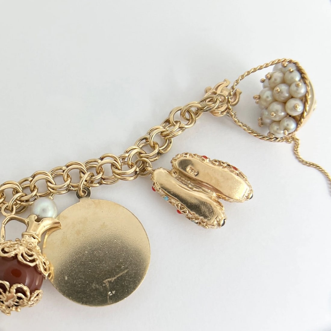 Vintage 1950's Pearl Shoes Hat Police Charm Bracelet 14K Yellow Gold, 59.27 Gram - 12