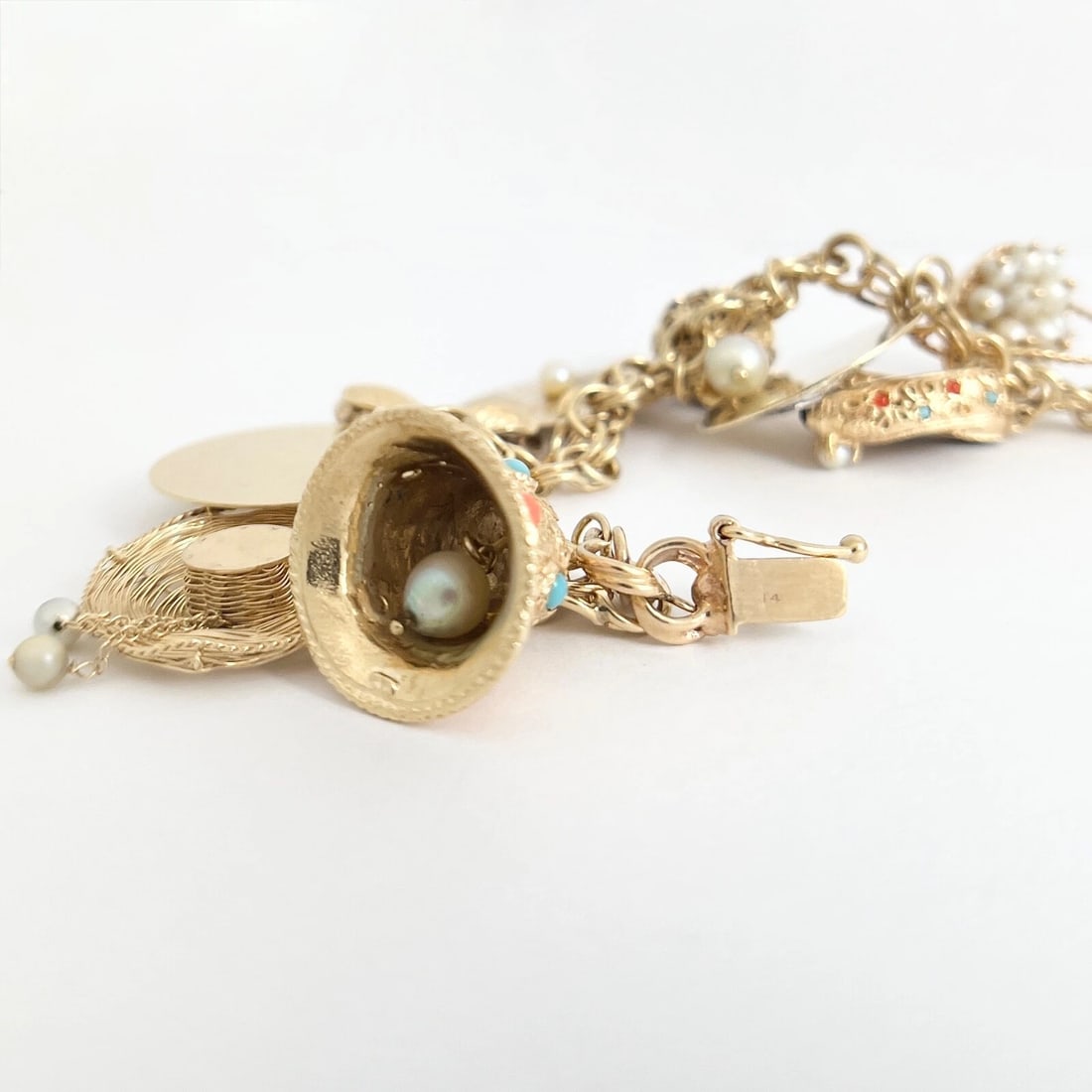 Vintage 1950's Pearl Shoes Hat Police Charm Bracelet 14K Yellow Gold, 59.27 Gram - 9