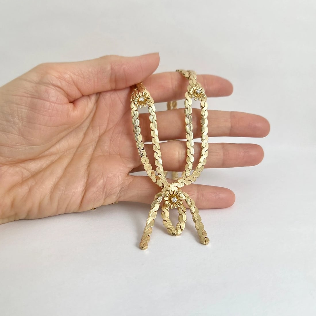 Vintage 1950's Diamond Flower Festoon Chain Necklace 14K Yellow Gold, 56.39 Gr - 3