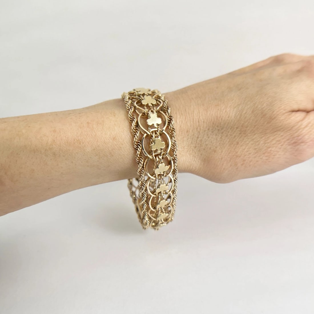 Vintage 1950's Wide Clover Rope Chain Bracelet 14K Yellow Gold, 37.14 Grams - 4
