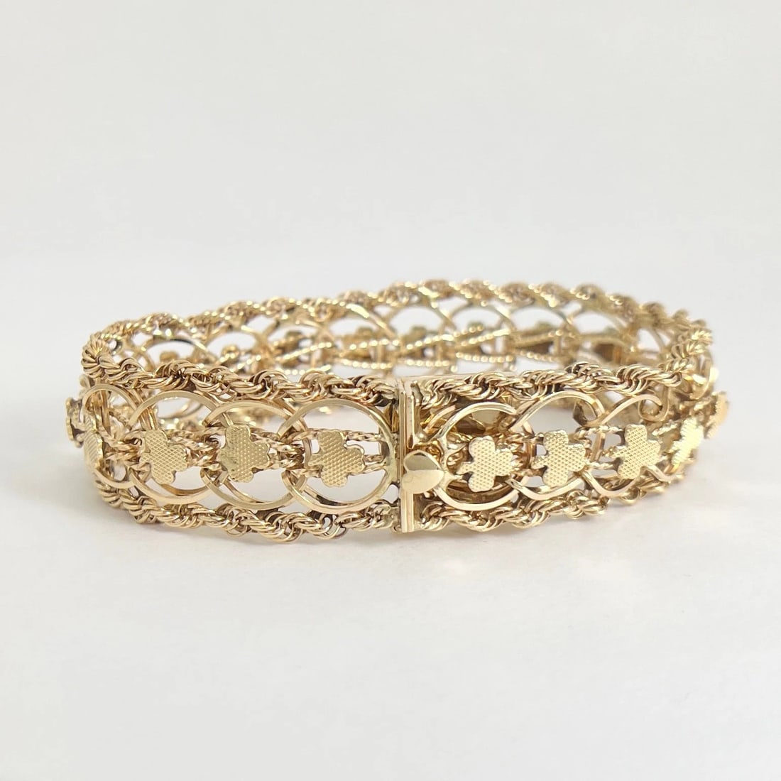 Vintage 1950's Wide Clover Rope Chain Bracelet 14K Yellow Gold, 37.14 Grams - 6