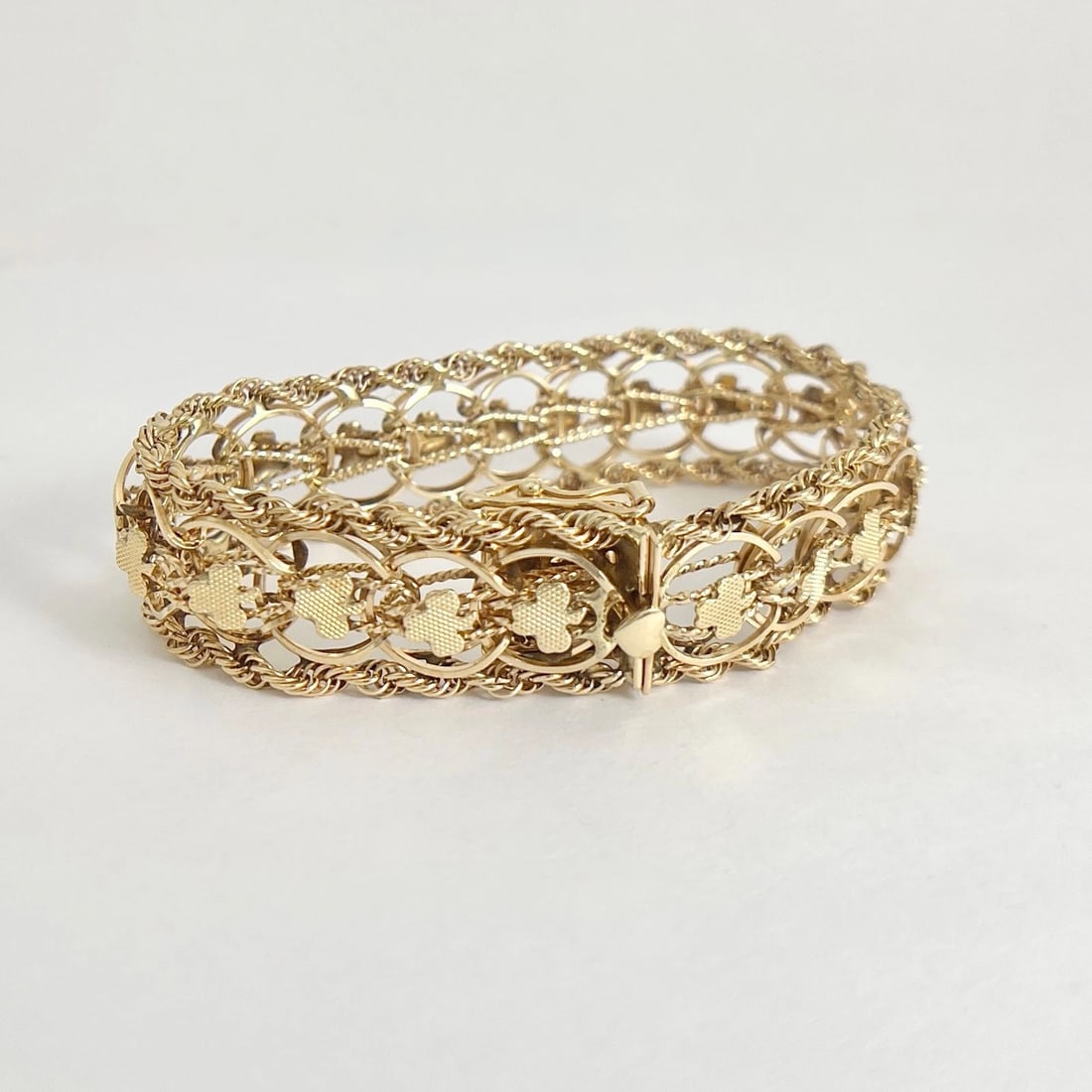Vintage 1950's Wide Clover Rope Chain Bracelet 14K Yellow Gold, 37.14 Grams - 7
